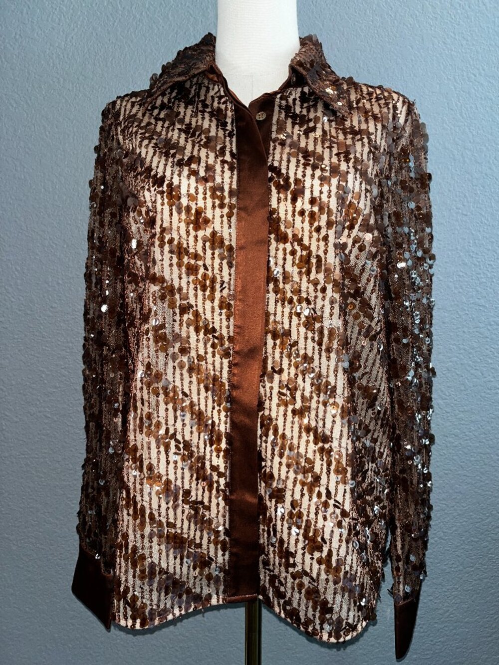 Camila Coelho Paria Caramel Sequin Semi-Sheer Long Sleeve Button Down Blouse NWT